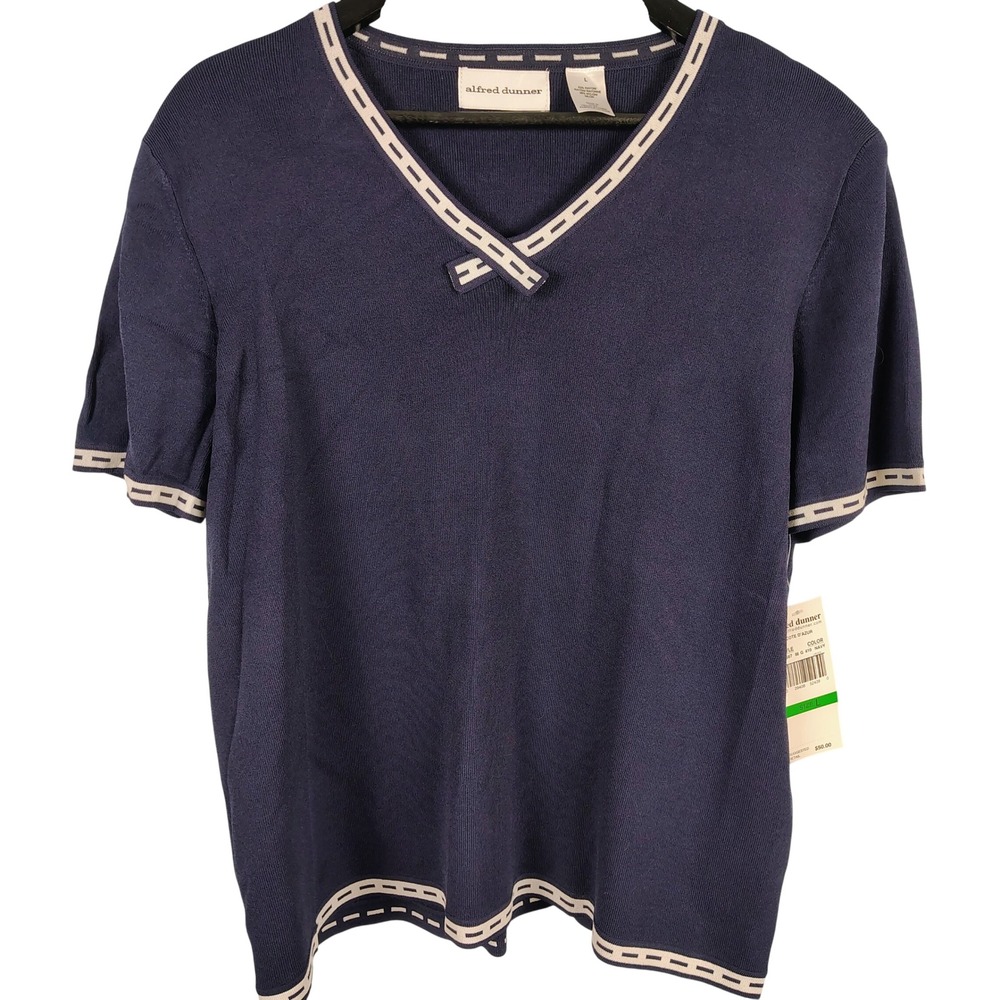 NWT Alfred Dunner Womens SZ L Cote D'Azur Top Navy Rayon Preppy Coastal Grandma